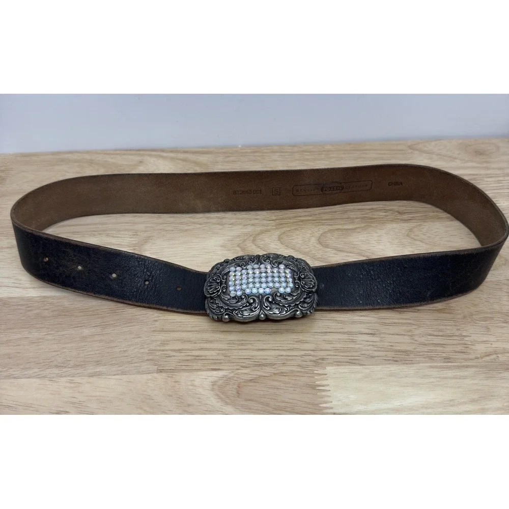 Fossil Women's Brown Soft Leather‎ Rhinestone Buckle Belt Small #14